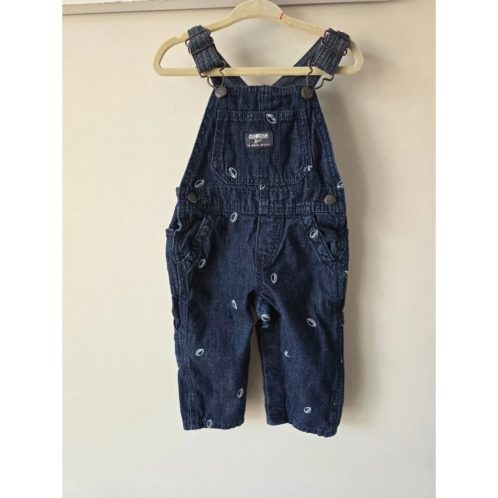 OshKosh Bgosh Kids Dark Wash Denim Football Embroidered Vestbak Overalls 12M